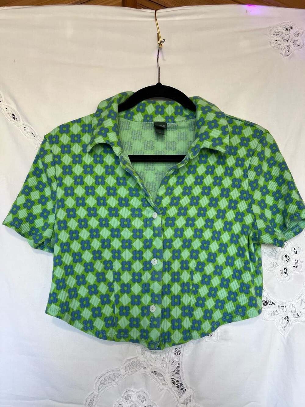 Wild Fable Green and Blue Checkered Floral Ribbed Crop Polo Top